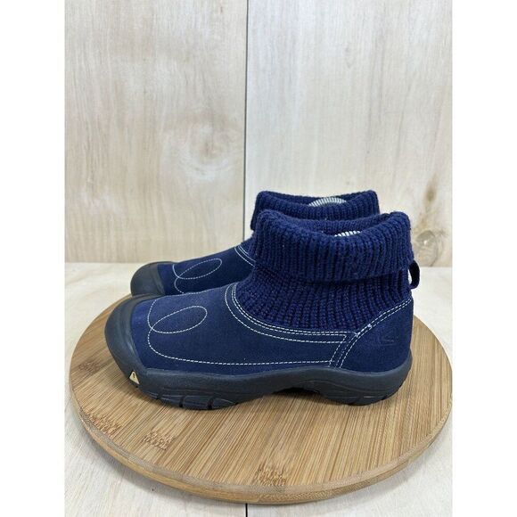 Keen Shay Blue Suede Fold Over Knit Slip On Ankle Boots Womens Size 5 - Picture 1 of 8